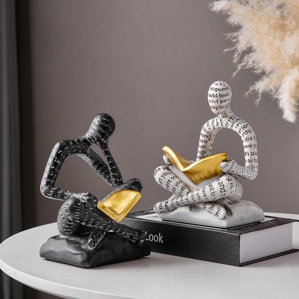 Black and White Heavy Duty Thinker Bookends, Non-Slip Resin Decorative Book Stoppers, Set of 2