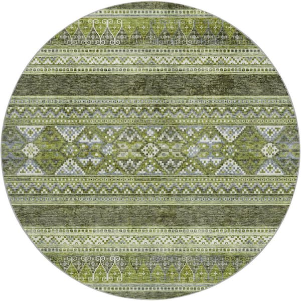 Dream Shag Premium Machine Washable Abstract ADS714 Olive 8 ft. x 8 ft. Round Rug