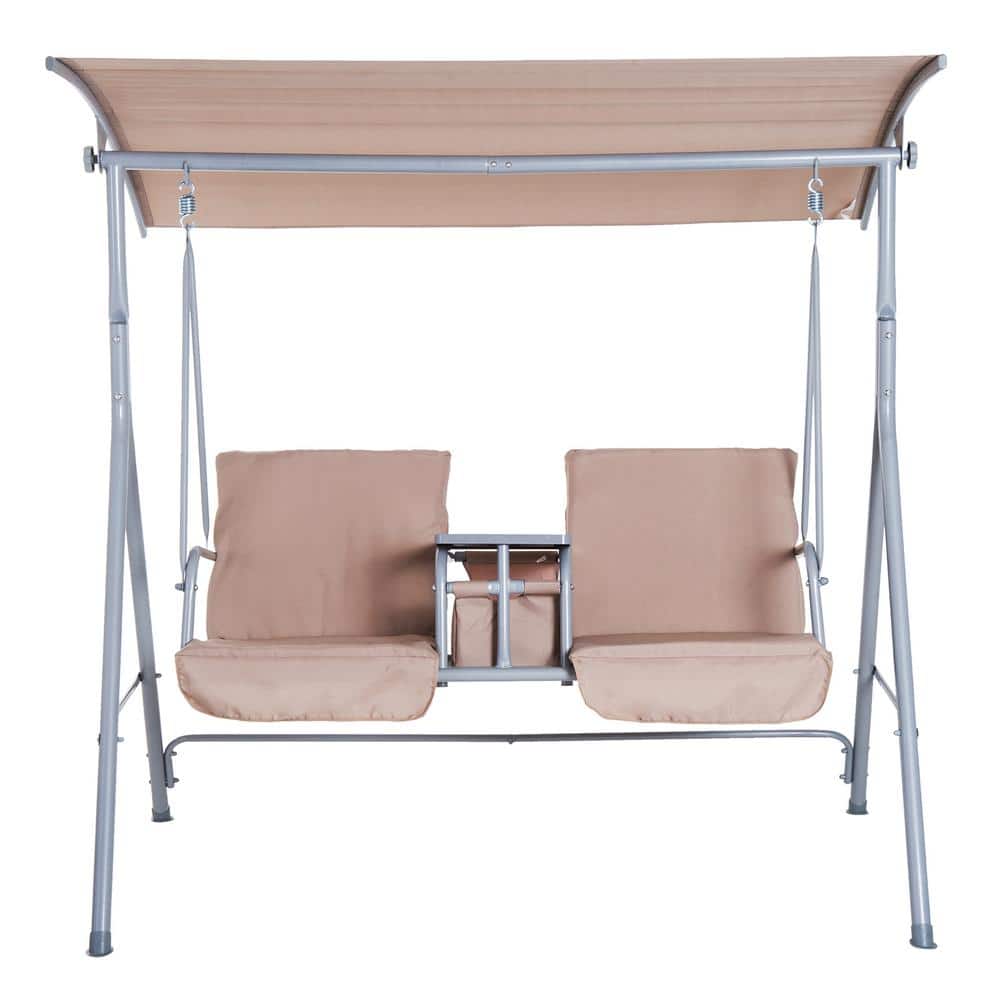 Beige Metal 2-Person Outdoor Swing with Canopy and Storage