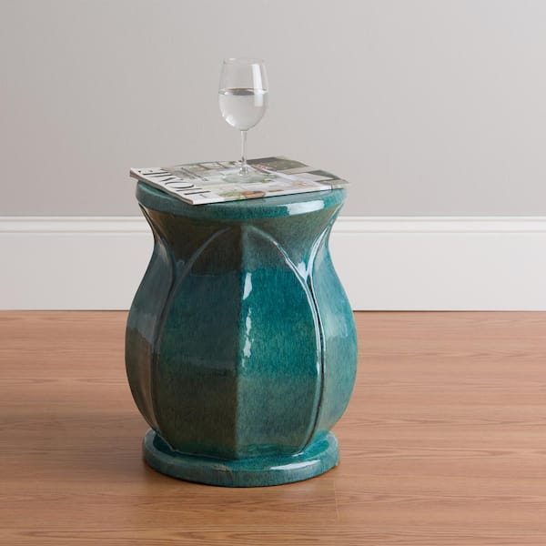 Lotus 18 in. H Teal Round Ceramic Garden Stool