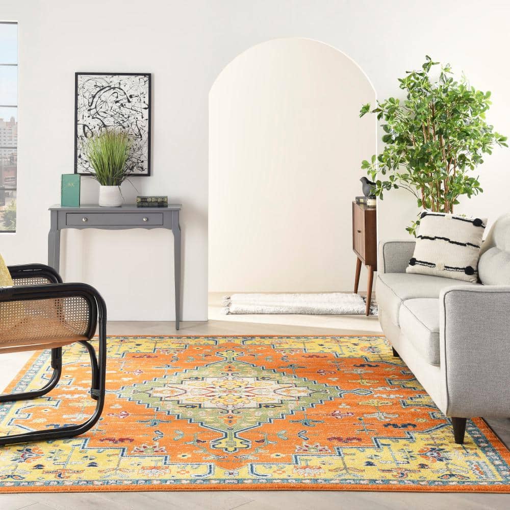 Bohemian Medallion 9' x 12' Orange Multicolor Easy-Care Area Rug
