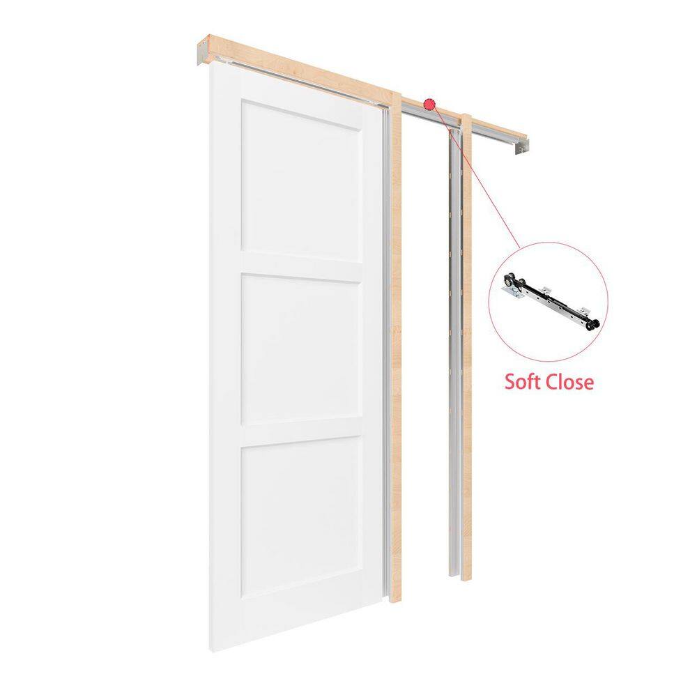 64 in. x 80 in. White Primed 3-Panel Core Solid Wood Pocket Door with Soft Close, Frame and Hardware Kit Set price history on PriceWatchPro