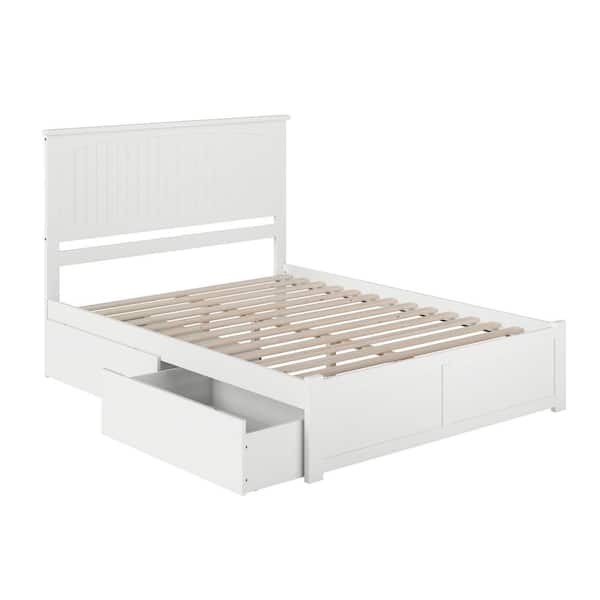 Nantucket White Queen Solid Wood Storage Platform Bed with Flat Panel Foot Board and 2 Bed Drawers