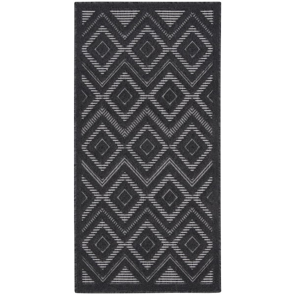 Nourison Versatile Charcoal/Black 2 ft. x 4 ft. Diamond Geometric Indoor Outdoor Kitchen Runner Area Rug