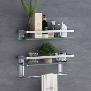 2 Pcs 4.88 in. W x 8.7 in. H x 15.74 in. D Glass Rectangular Bath Shower Shelf in Silver, 1 of them with Towel Holder