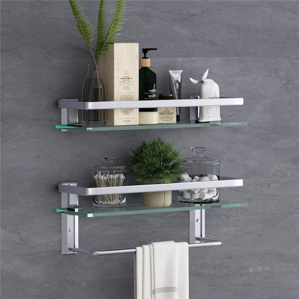 Costway 2 Tier Wall Mount Shower Organizer Toilet Bathroom Storage Rack Holder Towel Bar - Silver