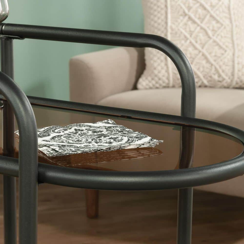 Coral Cape Black Metal Bar Cart with Amber Glass Shelves