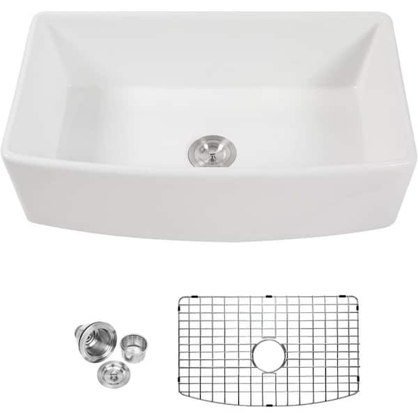 33 in. Farmhouse/Apron-Front Single Bowl White Ceramic Kitchen Sink with Accessories