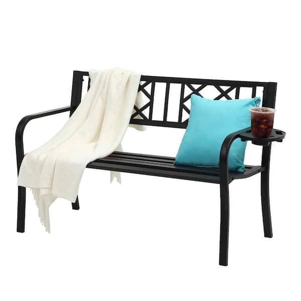 DEXTRUS 50 in. Metal Outdoor Garden Bench Rhombus Pattern with Cup Holder
