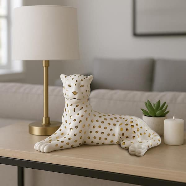 Liv & Skye White/Gold 9.75 in. x 5.75 in. Stoneware Leopard Lying