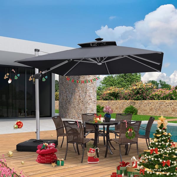 PURPLE LEAF 10 ft. Square Aluminum Solar Powered LED Patio Cantilever Offset Umbrella with Stand, Gray