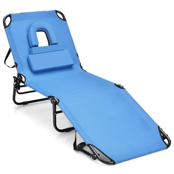 FORCLOVER Beach Metal Outdoor Chaise Lounge with Face Hole and Removable Blue Cushion