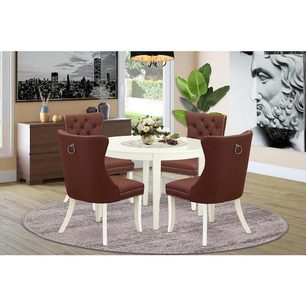 East West Furniture 5-Piece Linen White Solid Wood Top - Round Upholstered Dining Room Set - (Seats-4)