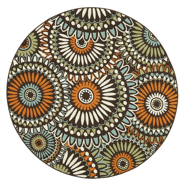 Veranda Chocolate/Terracotta 7 ft. x 7 ft. Floral Geometric Indoor/Outdoor Round Area Rug