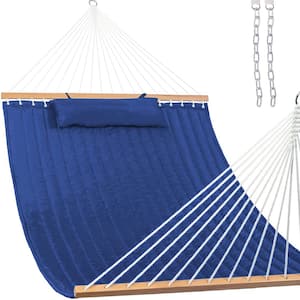 12 ft. Double Quilted Fabric Navy Blue Hammock with Spreader Bars and Detachable Pillow