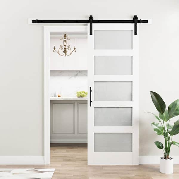 30 in. x 84 in. 5-Lite Tempered Frosted Glass White Primed MDF Wodd Sliding Barn Door with Hardware Kit and Soft Close