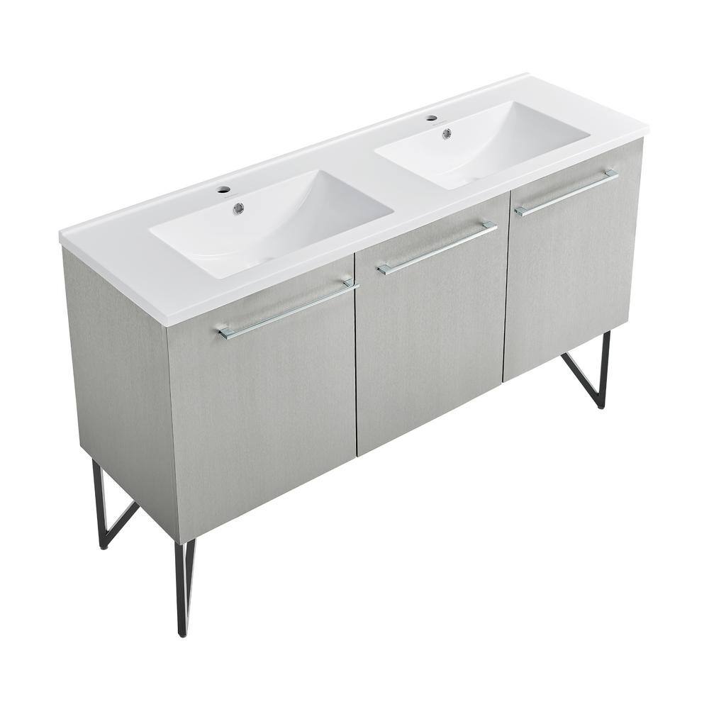 Annecy 60" Double Gray Freestanding Bathroom Vanity with Ceramic Top