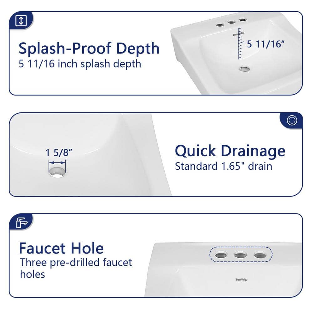19'' White Ceramic Wall-Mount Bathroom Sink with Faucet Hole