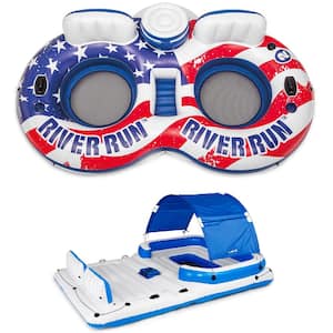 White and Blue American Flag 2-Person Pool Float with Tropical Breeze 6-Person Lake Raft in Red