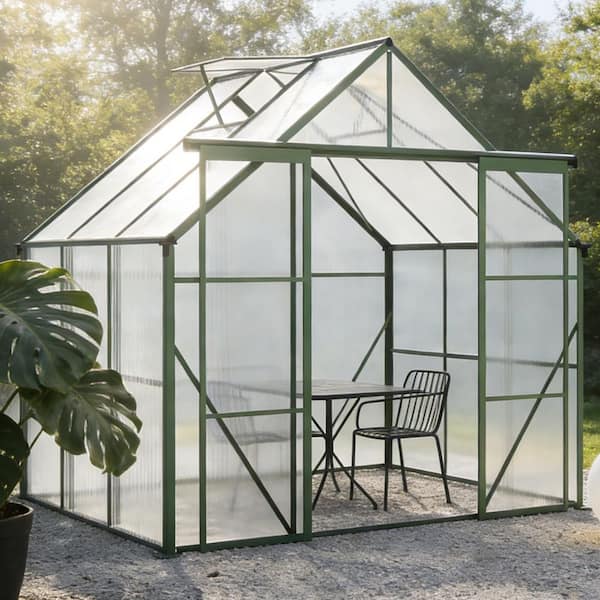 8 ft. x 6 ft. Green Double Door Polycarbonate Greenhouse Raised Base and Anchor Aluminum Heavy Duty Walk-in Greenhouses