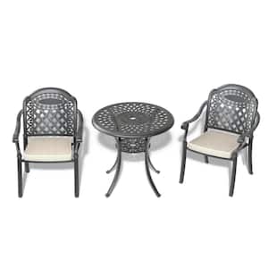 Isabella Black 3-Piece Cast Aluminum Outdoor Dining Set with Round Table and Dining Chairs and Random Color Seat Cushion