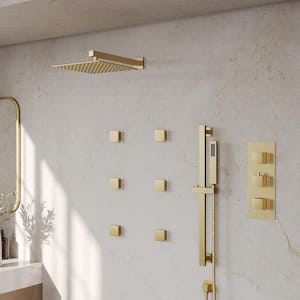 Thermostatic Valve 5-Spray Wall Mount 12 in. Fixed and Handheld Shower Head 2.5 GPM in Brushed Gold