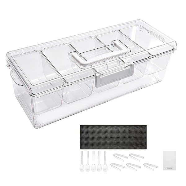 5-Compartment Condiment Serving Container, PET Plastic Garnish Station with Lid, Ice-Cooled Condiment Servers, 2.6 qt.