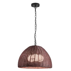 60-Watt 3-Lights Rattan Shaded Brownish Red Pendant Light, Bulbs Included