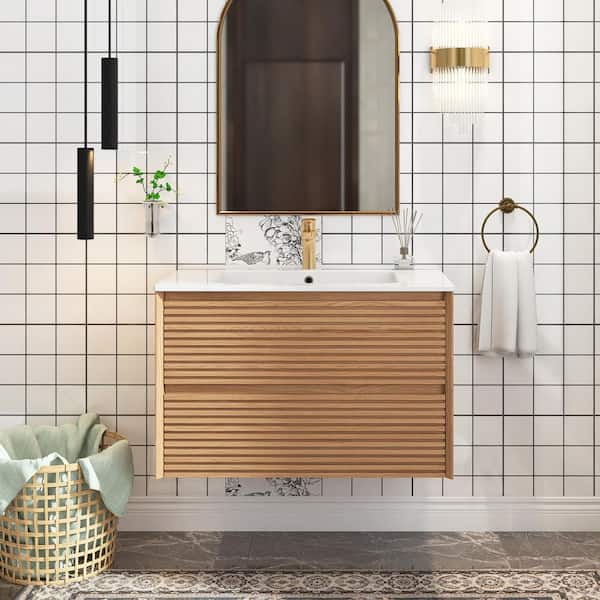 Unbranded 30 in. W Wall-Mounted Bath Vanity in Walnut with White Ceramic Top