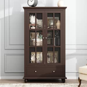 Brown Wood Freestanding Storage Cabinet with Tempered Glass Doors, Adjustable Shelves and Drawer