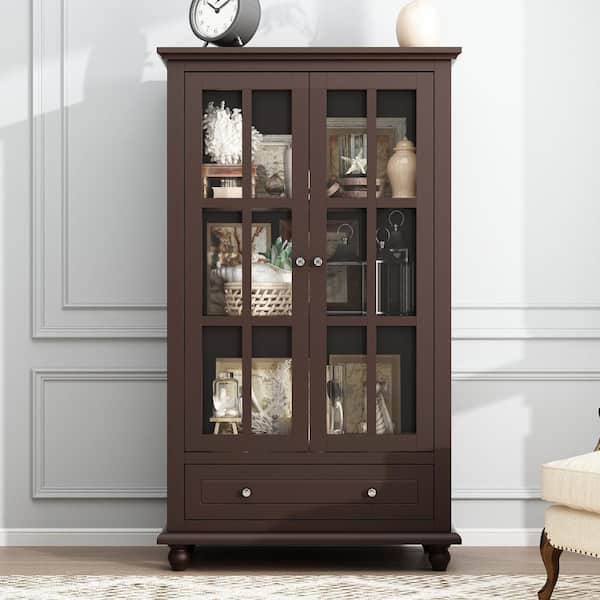 FUFU&GAGA Brown Wood Freestanding - Glass Home with KF330026-02 and The Adjustable Doors, Shelves Cabinet Drawer Storage Tempered Depot