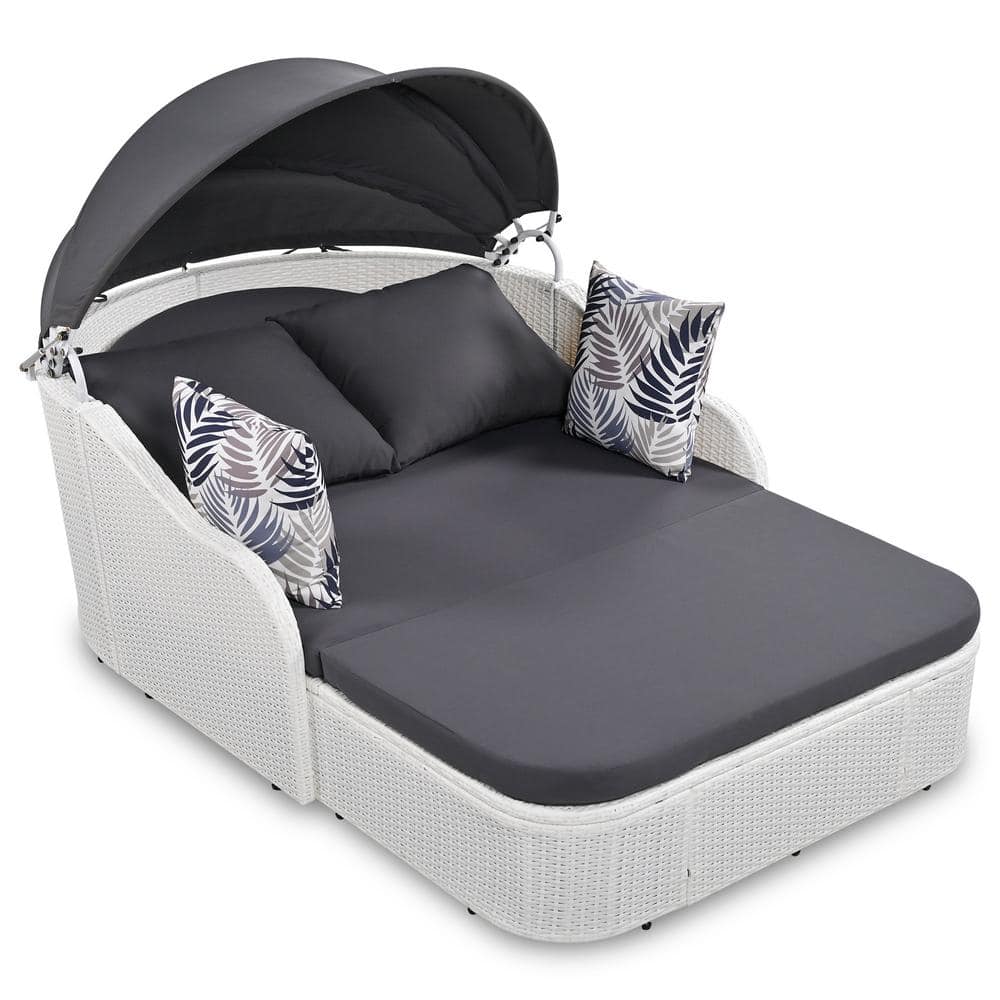 Sudzendf White Wicker Outdoor Day Bed with Adjustable Canopy and Gray ...