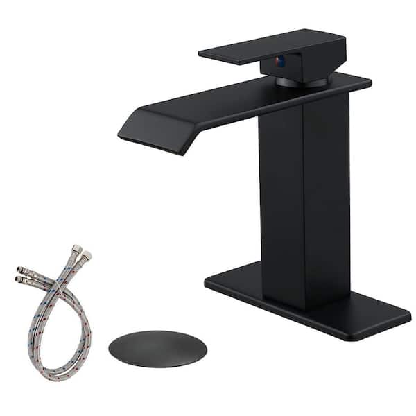 Waterfall Single Hole Single-Handle Low-Arc Bathroom Faucet with Supply Line in Matte Black