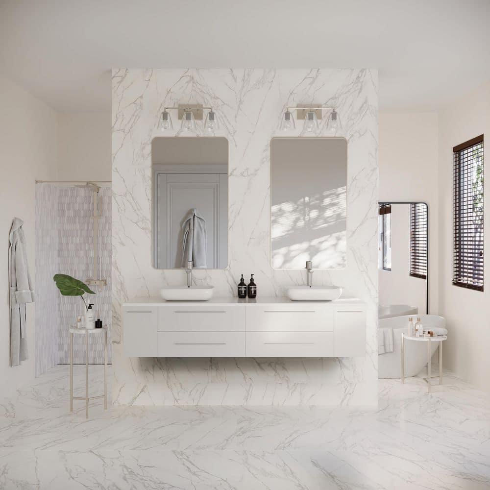 Elegant 72" White Quartz Top Double Vessel Sink Wall-Mount Vanity