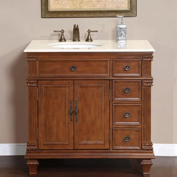 Silkroad Exclusive 36 In W X 22 D Vanity Vermont Maple With Marble Top Crema Marfil White Basin Hyp0210cmuwc36l Vermont Maple With Marble Vanity Top, Silkroad Exclusive Corner Bathroom Vanity Single Sink