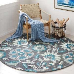 Blossom Gray/Blue 6 ft. x 6 ft. Floral Scroll Round Area Rug