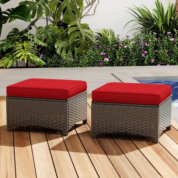 JOYSIDE Brown Wicker Outdoor Ottoman Patio Footstool with Red Cushions (2-Pack)