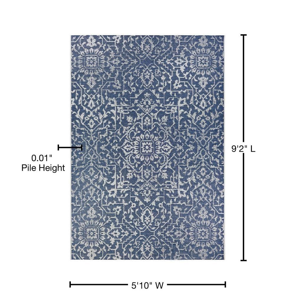 Navy-Ivory Floral Reversible Flatwoven Synthetic 5'10" x 9'2" Rug