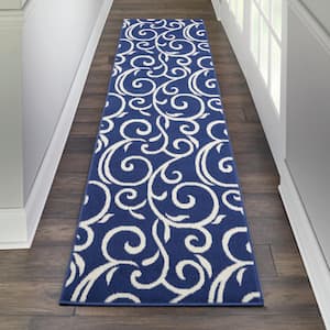 Grafix Navy 2 ft. x 8 ft. Floral Contemporary Kitchen Runner Area Rug