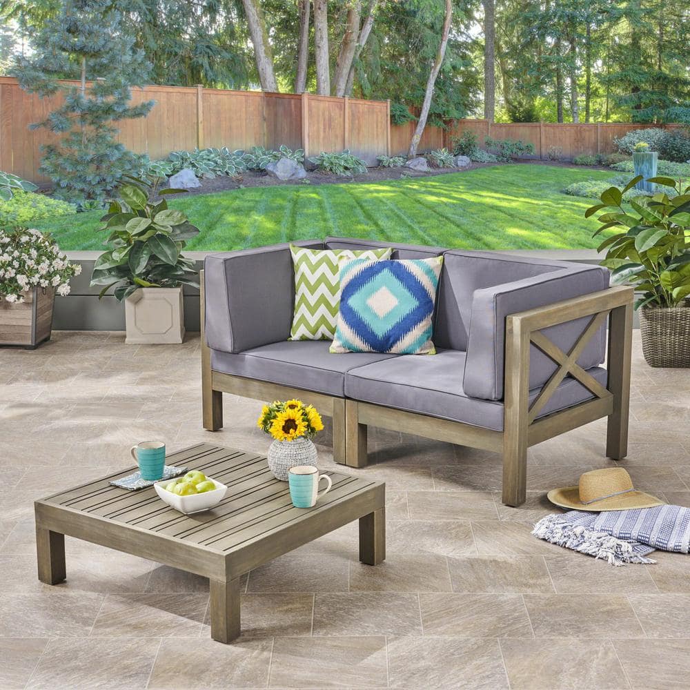 Hadlee Gray 3-Piece Wood Patio Conversation Set with Dark Gray Cushions -  Noble House, 54503