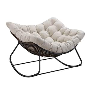 42.52 in. Grey Metal Outdoor Rocking Chair with Beige Cushions