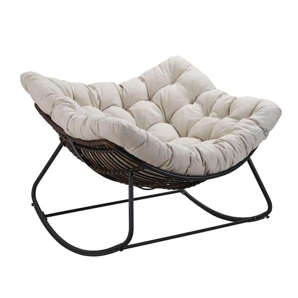Cesicia 42.52 in. Grey Metal Outdoor Rocking Chair with Beige Cushions (2-Pack)