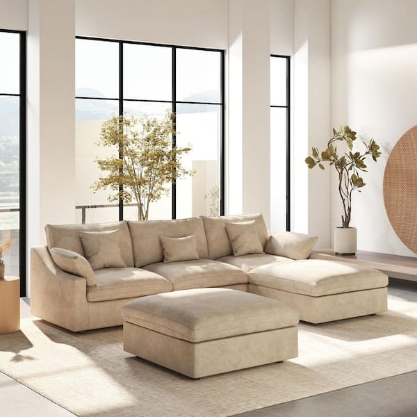 120 in. Square Arm 5-Piece Linen Upholstered Cloud Modular Sectional Sofa 3-Seater w/ Ottoman, Washable Covers in Khaki