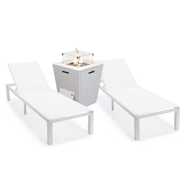 Leisuremod Marlin Modern White Aluminum Outdoor Patio Chaise Lounge Chair Set of 2 with Fire Pit Table (White)