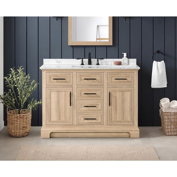 Doveton 48 in. Single Sink Freestanding Weathered Tan Bath Vanity with White Engineered Marble Top (Assembled)