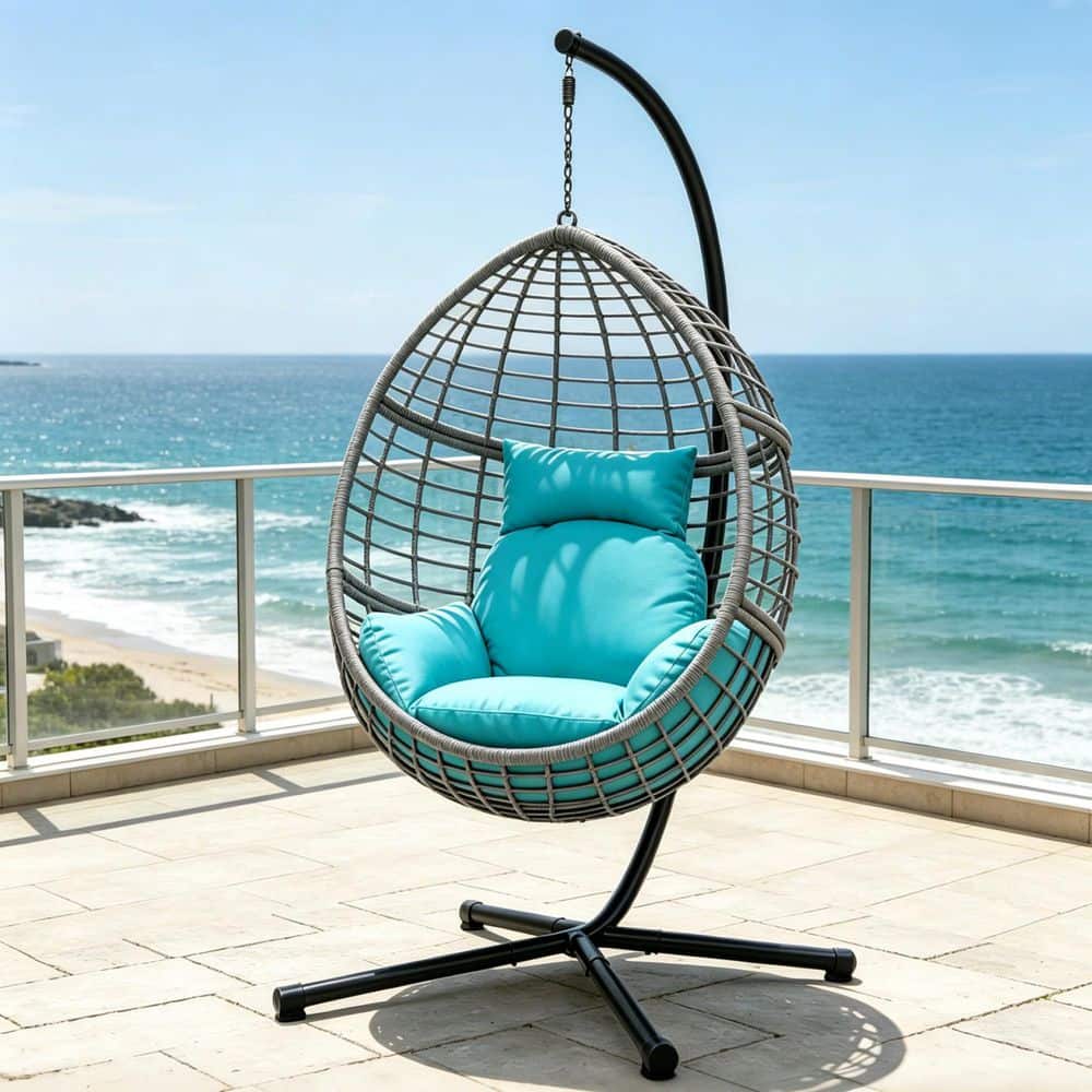 78 in. Wicker Outdoor Basket Swing Chair with Grey and Aqua Cushion and Stand