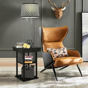24 in. H X 17.5 in. W X 17.5 in. D Black Nightstand Floor Lamp Bedside Desk with USB Charging Ports Shelves