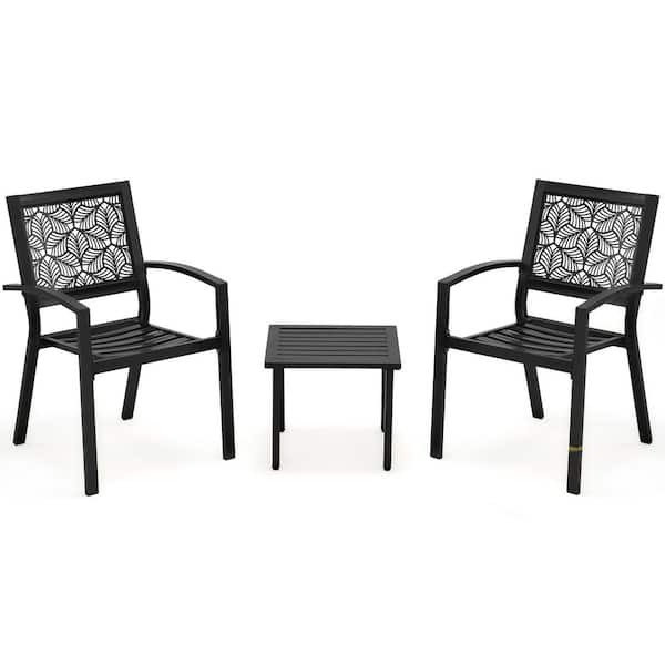 Unbranded 3-Piece Metal Outdoor Bistro Set, Waterproof Patio Serving Bar Set with Floral Back Design Chairs and Table, Black