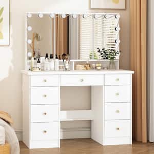 White Modern Makeup Vanity Desk 9 Drawers Wood Dressing Table With 3 Mirrors, Hidden Storage Shelves, LED Bulb Lights