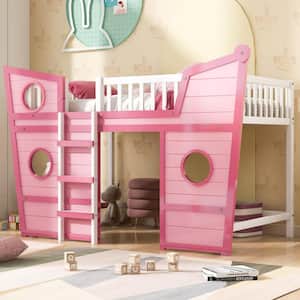 Pink Full Size Boat Shape Loft Bed with Ladder